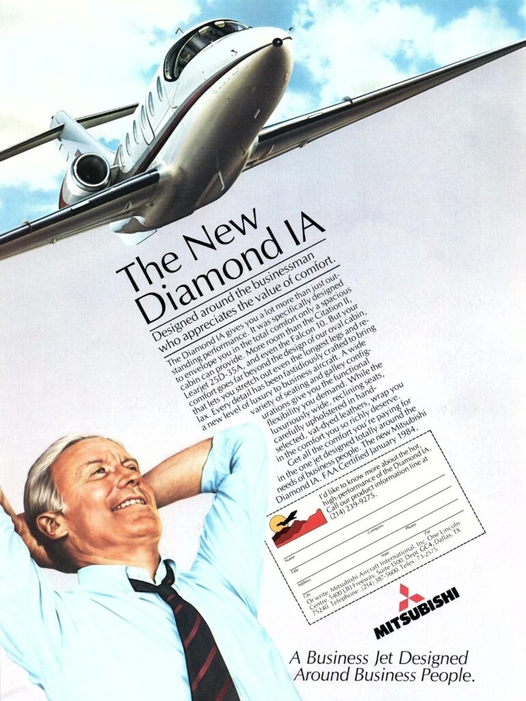 Newspaper add stating The New Diamond IA with a man and a learjet